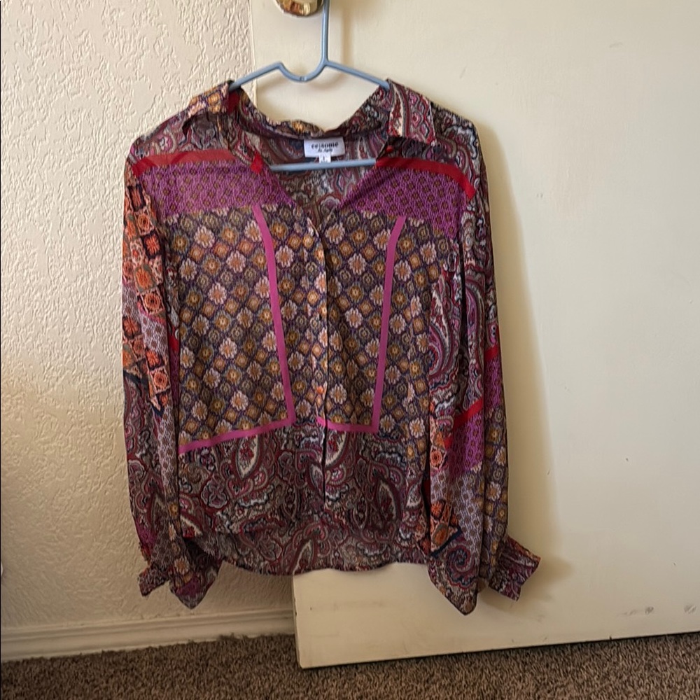 Los Angeles Apparel Red and Purple Graphic Long Sleeve Blouse